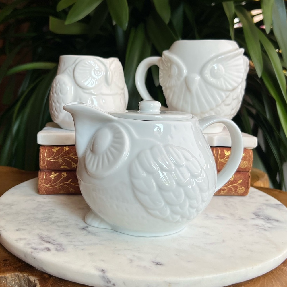 Set of 3 Owl Teapot + Mugs, Original Sticker Tags Abbott Collection + Indigo NWT
